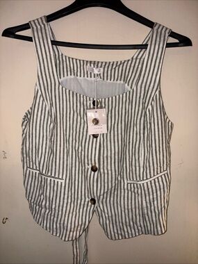LC Lauren Conrad White and Gray Striped Button-Front Tank